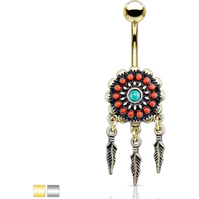 Šperky eshop piercing do bříška z oceli lapač snů visící pírka U05.14 Zlatá