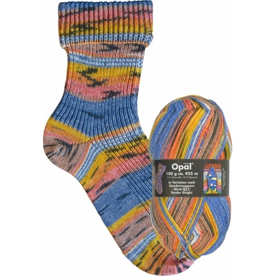 Ponožková příze Opal Hundertwasser – modrá s teplým barevným melírem, 100 g / 425 m - barevná varianta 2103