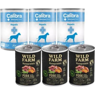 Calibra VD Dog Hepatic 3 x 400 g & Wild Farm Monoproteínové bravčové mäso 3 x 400 g