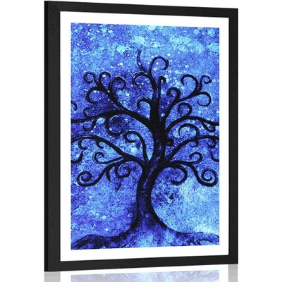 Plakát s paspartou strom života na modrém pozadí - 40x60 silver