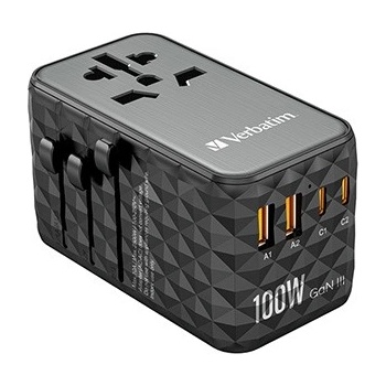 Verbatim World-to-World UTA-06 32121 Универсален адаптер за пътуване, 2x USB-C PD, QC 4+ a 2x USB-A QC 3.0, 100 W, черно (32121)