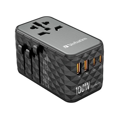 Verbatim World-to-World UTA-06 32121 Универсален адаптер за пътуване, 2x USB-C PD, QC 4+ a 2x USB-A QC 3.0, 100 W, черно (32121)