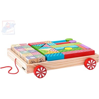 Woody Vozík tahací s kostkami a razítky set 35 ks