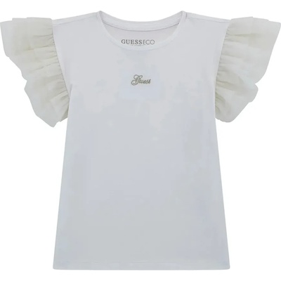 GUESS Едноцветна бяла тениска за мини момиче с воали на ръкавите и златист надпис Guess