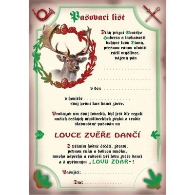 e‑myslivost.cz Pasovací list na lovce zvěře dančí - Motiv s personalizací