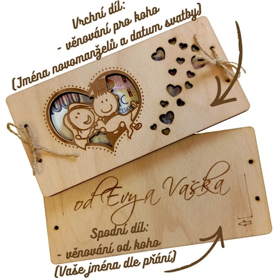 Dekorace z Česka Svatební dřevěné přání na bankovky - motiv 4 Nápis: Věnování od koho na spodní díl + vlastní jména PLATBA PŘEDEM! – Hledejceny.cz