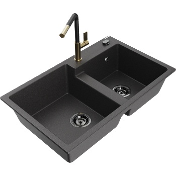 Mexen Tomas двоен гранитен мивка с кухненски смесител Flora, черен на пръски - 6516-76-670401-57-B (6516-76-670401-57-B)