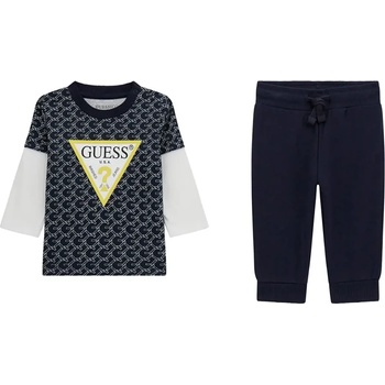 Guess Комплект блуза с дълъг ръкав с детайли и жълто лого и тъмно син панталон за бебе момче Guess