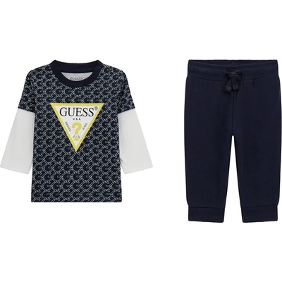 Guess Комплект блуза с дълъг ръкав с детайли и жълто лого и тъмно син панталон за бебе момче Guess