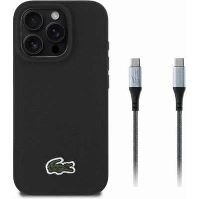 Lacoste Iconic Petit Pique Woven Logo MagSafe Zadní Kryt pro iPhone 16 Pro Black + USB-C/USB-C Datový Kabel