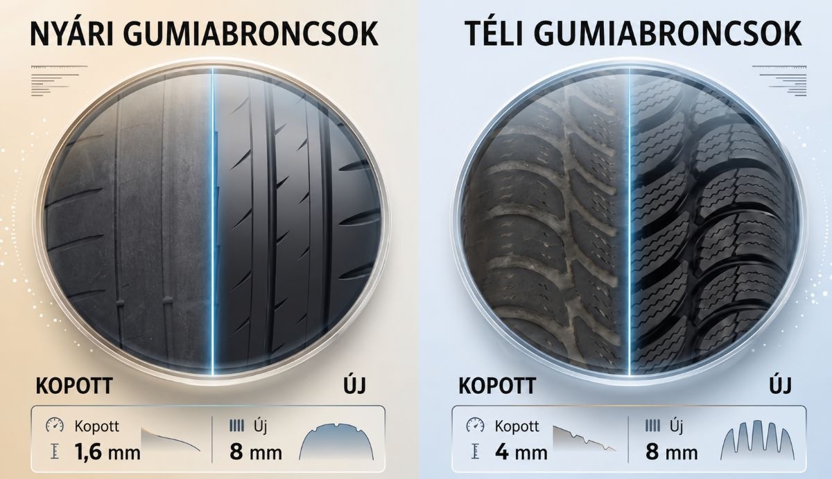 Ábra az új és használt nyári ill. téli gumiabroncsok közötti látványos különbségről Ábra az új és használt nyári ill. téli gumiabroncsok közötti látványos különbségről