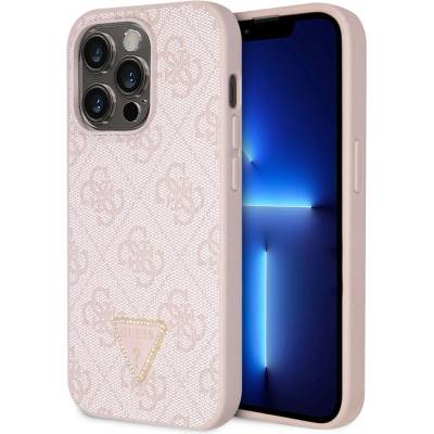 GUESS Strass Triangle Metal Logo Case - силиконов (TPU) калъф за iPhone 15 Pro (розов)