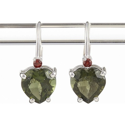 My Moldavite Stříbrné náušnice s vltavíny a granáty srdce 110G-4