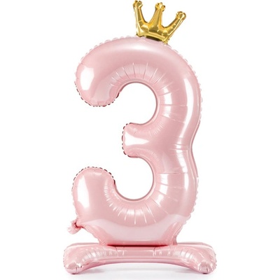 PartyDeco Stojící balónek číslo s korunkou3 SVĚTLE RŮŽOVÝ 84 cm