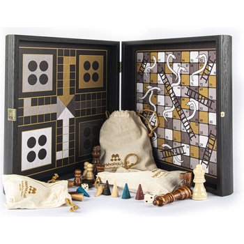 Drevený šach Modern Style (4v1 Šach, Backgammon, Ludo & Snakes)