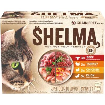 Shelma kapsičky s kuřecím, hovězím, kachním a krůtím pro kočky 12 x 85 g