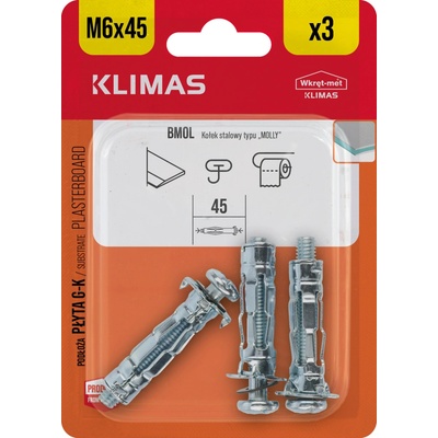 Klimas Wkret-Met 6x45mm - 3 ks - Hmoždinka rozperná oceľová do sadrokartónu "MOLLY" M6 x 45 blister, BMOL
