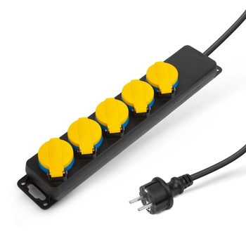 Delight Външен удължител Delight 20223E, С капак, 5 гнезда, Защита от деца, IP44, Кабел 3Gx1.5мм2, Кабел 1.5м, Черен/Жълт (20223E)