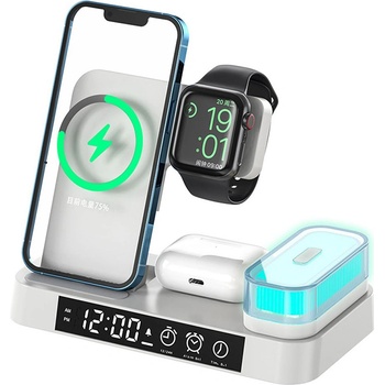 AppleMix Stojánek / bezdrátová Qi nabíječka 3v1 pro Apple iPhone / Watch / AirPods + lampička + hodiny - bílý