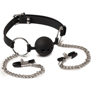 Image 1 of Rimba Latex Play Mouthgag with Ball and Nipple Clamps Black