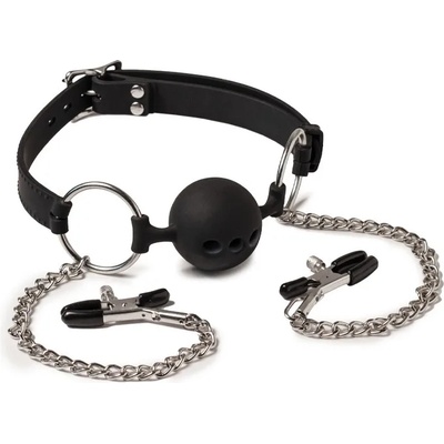 Rimba Latex Play Mouthgag with Ball and Nipple Clamps Black