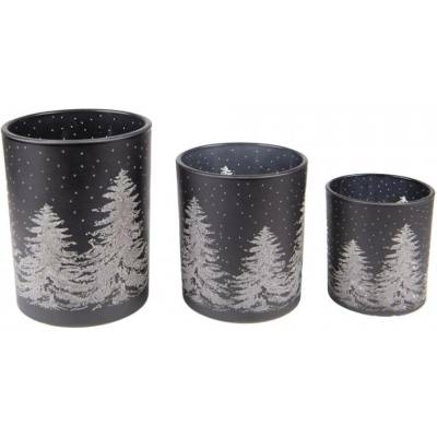 3ks černý skleněný svícen na čajovou svíčku se stromky – 10x12 / 9x10 / 7x8 cm