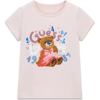 GUESS Бледо розова тениска за мини момиче с цветни надписи с глитери и мече Guess