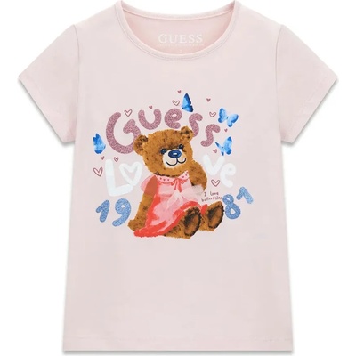 GUESS Бледо розова тениска за мини момиче с цветни надписи с глитери и мече Guess