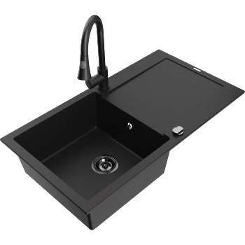 Mexen Leo мивка от гранит с 1 отделение с отцедник и кухненски смесител Elia, черен - 6501-77-670101-70-B (6501-77-670101-70-B)