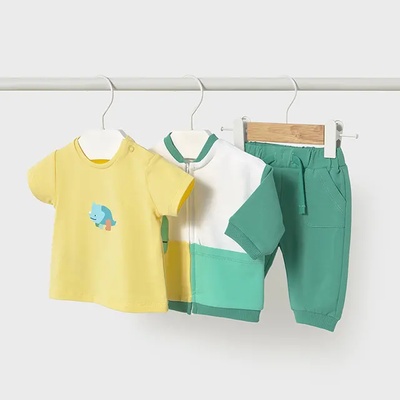 Mayoral Анцуг 3 части пъстър с жълта тениска и спортен зелен панталон за новородено момче Майорал