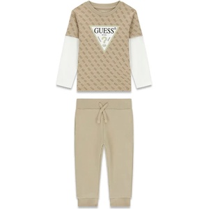 Guess Комплект за мини момче блуза в бежово с бели ръкави, лого Guess и бежов спортен панталон
