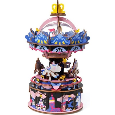 Robotime Drevené 3D mechanické puzzle Hracia skrinka Veselý kolotoč 174 ks
