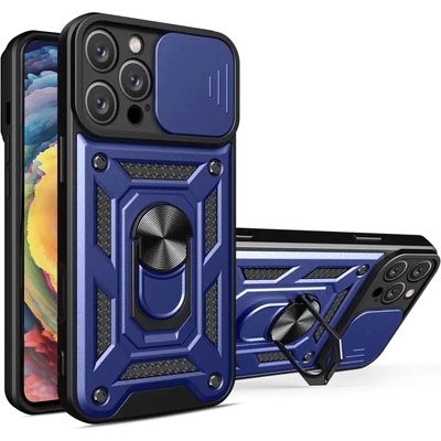HQWear Брониран калъф Hybrid Armor Camshield iPhone 16 Pro с капак за камера и стойка - син (Hybrid Armor Camshield iPhone 16 Pro blue)