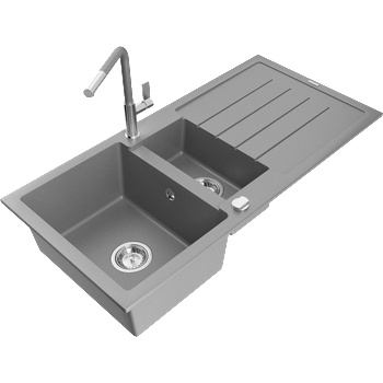 Mexen Andres гранитна мивка 1, 5-камерна с отцедник и кухненски смесител Flora, сив - 6515-71-670401-06 (6515-71-670401-06)