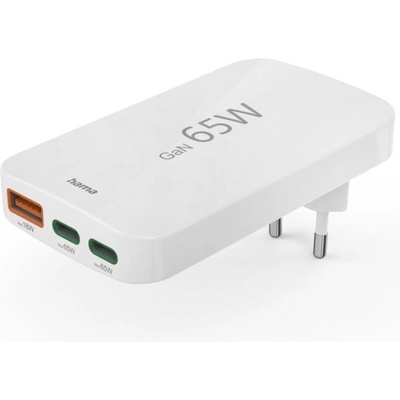 Hama Бързо мини зарядно, 65W, 2x USB-C, 1x USB-A, PD, плоско, бяло (HAMA-201976)