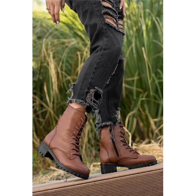 Moda Trend Дамски боти с връзки и цип - Таба #362398 (362398_Тъмно кафяв)