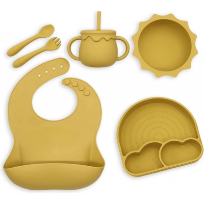 Malý Ježko Silikónový jedálenský set pre deti DÚHA Mustard Yellow Silikónový príbor DÚHA 6 dielny