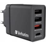 Verbatim Мрежово зарядно устройство, 1xUSB-C PD (20W), USB-A QC 3.0, 2xUSB-A (10W), VERBATIM, черно 49700 (49700)