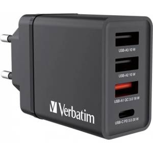 Verbatim Мрежово зарядно устройство, 1xUSB-C PD (20W), USB-A QC 3.0, 2xUSB-A (10W), VERBATIM, черно 49700 (49700)