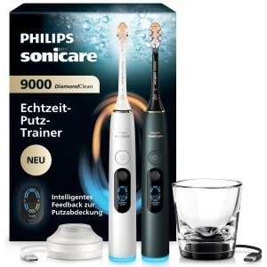 Philips Sonicare Next-Generation DiamondClean 9000 Electric Toothbrush - Feedback on cleaning coverage, pressure control, and 21 settings, Silver White & Midnight Green, 2-Pack, HX9216/89