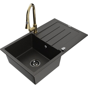 Mexen Bruno гранитна мивка с 1 корито с отцедник и кухненски смесител Elia, черен/златен металик - 6513-75-670101-50-B (6513-75-670101-50-B)