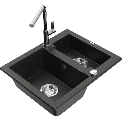 Mexen Carlos гранитна мивка с 1, 5 камери с кухненски смесител Flora, черен/златист металик - 6518-75-670401-00 (6518-75-670401-00)