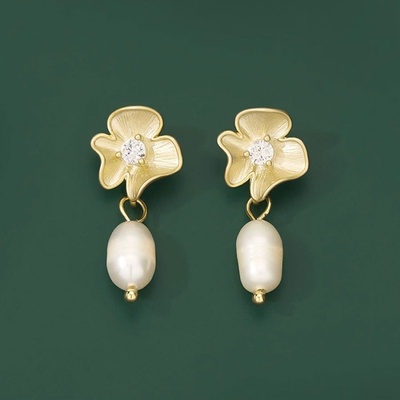 Éternelle náušnice s říční perlou a zirkony Azalea květina E1440-te15472 zlatá bílá