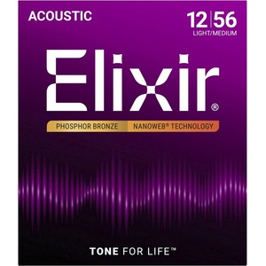Elixir Струни за акустична китара 12-56 ELIXIR 16077 NANOWEB Phosphor Bronze Light/Medium