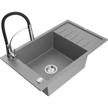 Mexen Elias еднокоморна гранитна кухненска мивка с отцедник и кухненски смесител Aster, сив - 6511-71-73450-07 (6511-71-73450-07)