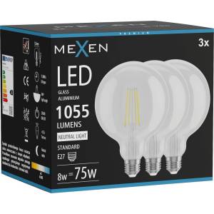 Mexen Vintis 3x LED филаментна крушка E27, G125, 8W, Неутрална - 4000K, 1055 lm, прозрачна (L158-E27-0840-00x03)
