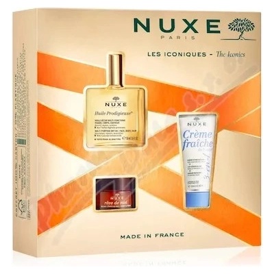 NUXE The Iconics sada - Huile Prodigieuse 50ml, Crme Fraiche de Beauté 3-en-1 30ml, Rve de Miel Honey Lip Balm 15g