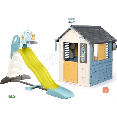 Smoby Set domeček meteorologická stanice a 2,3 m skluzavka s vodotryskem Čtyři roční období 4 Seasons Playhouse a basketbalový koš s vodní hrou