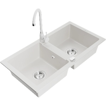 Mexen Mario гранитна мивка с 2 камери с кухненски смесител Telma, бял - 6504-20-670200-20 (6504-20-670200-20)
