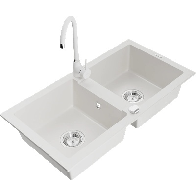 Mexen Mario гранитна мивка с 2 камери с кухненски смесител Telma, бял - 6504-20-670200-20 (6504-20-670200-20)